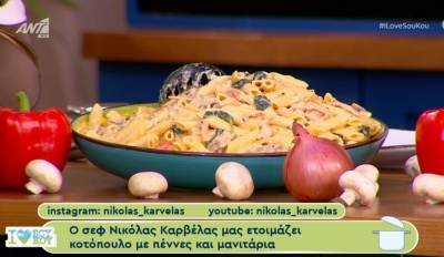 Κοτόπουλο με πέννες και μανιτάρια (Βίντεο)