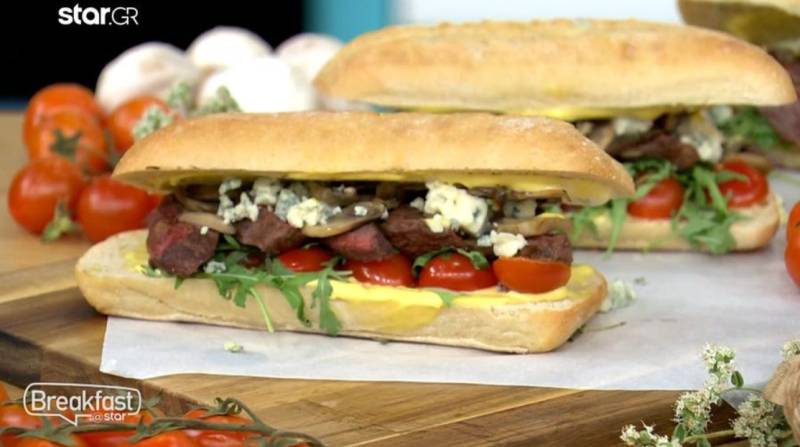Sandwich με ψωμί τσιαπάτα και μοσχαρίσια μπριζόλα (Βίντεο)